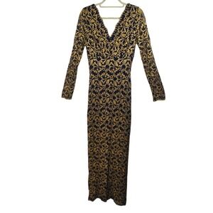Vintage Tower Maxi Dress Gold Metallic Lace on Navy Blue V-Neck Woman Medium USA